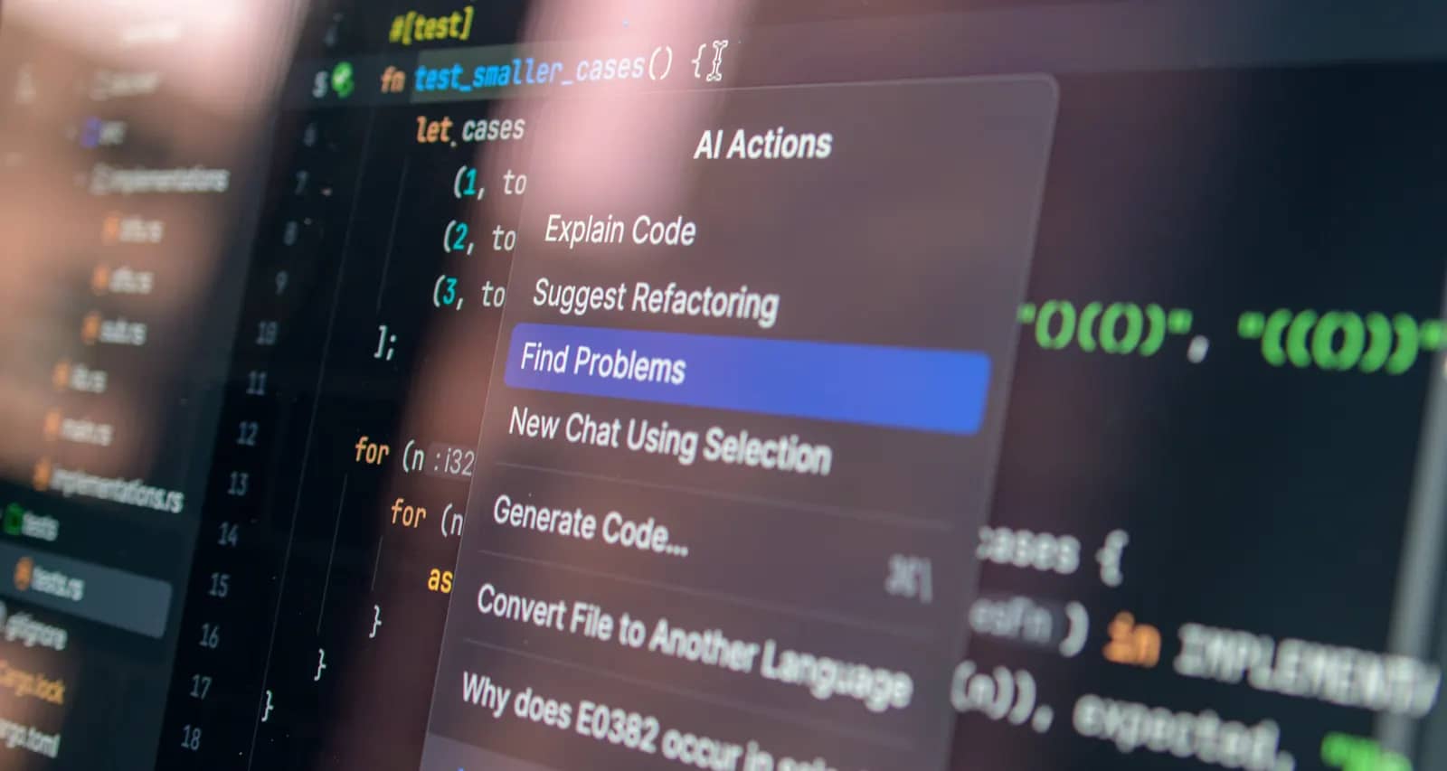 An AI assistant menu open over code in an editor, offering to explain code, find problems and generate code.