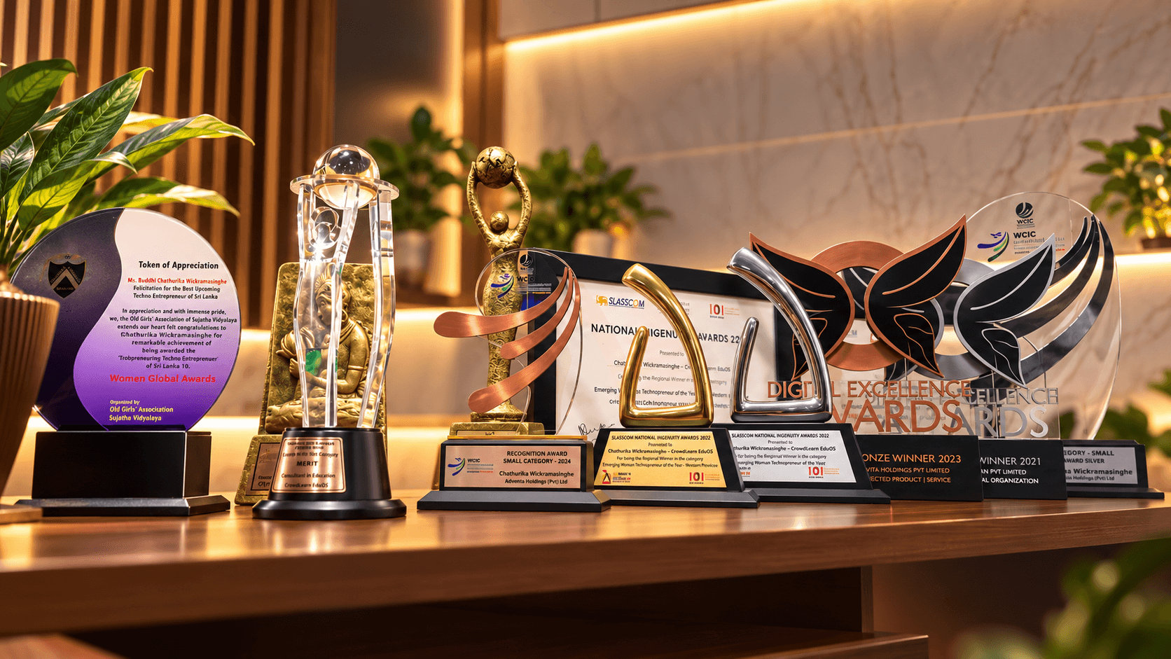 AI-rendered display of award trophies and plaques on a wooden table.