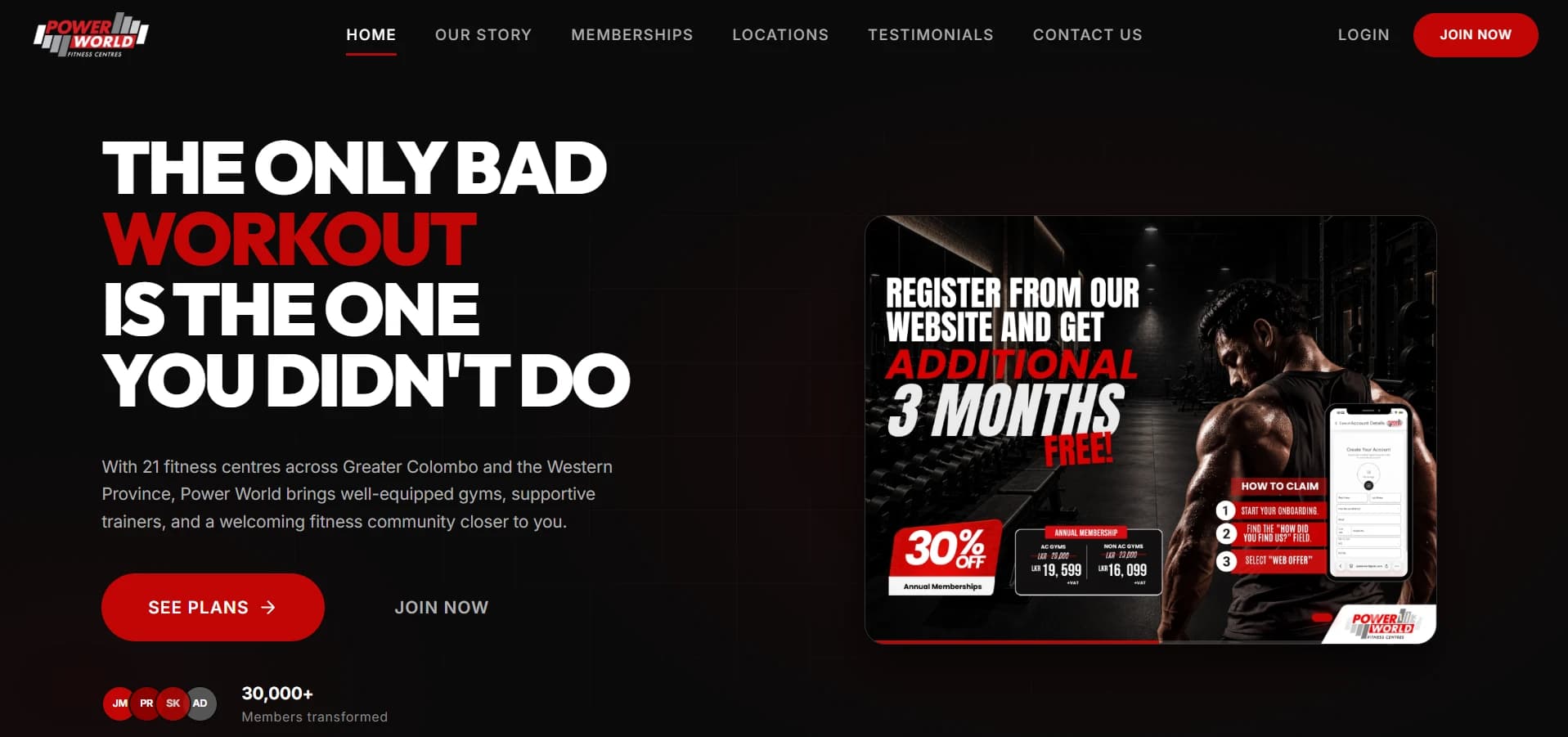 The PowerWorld Fitness Centres website: a homepage headline over a dark gym interior, with a membership offer panel and the platform's sign-up screen beside it.