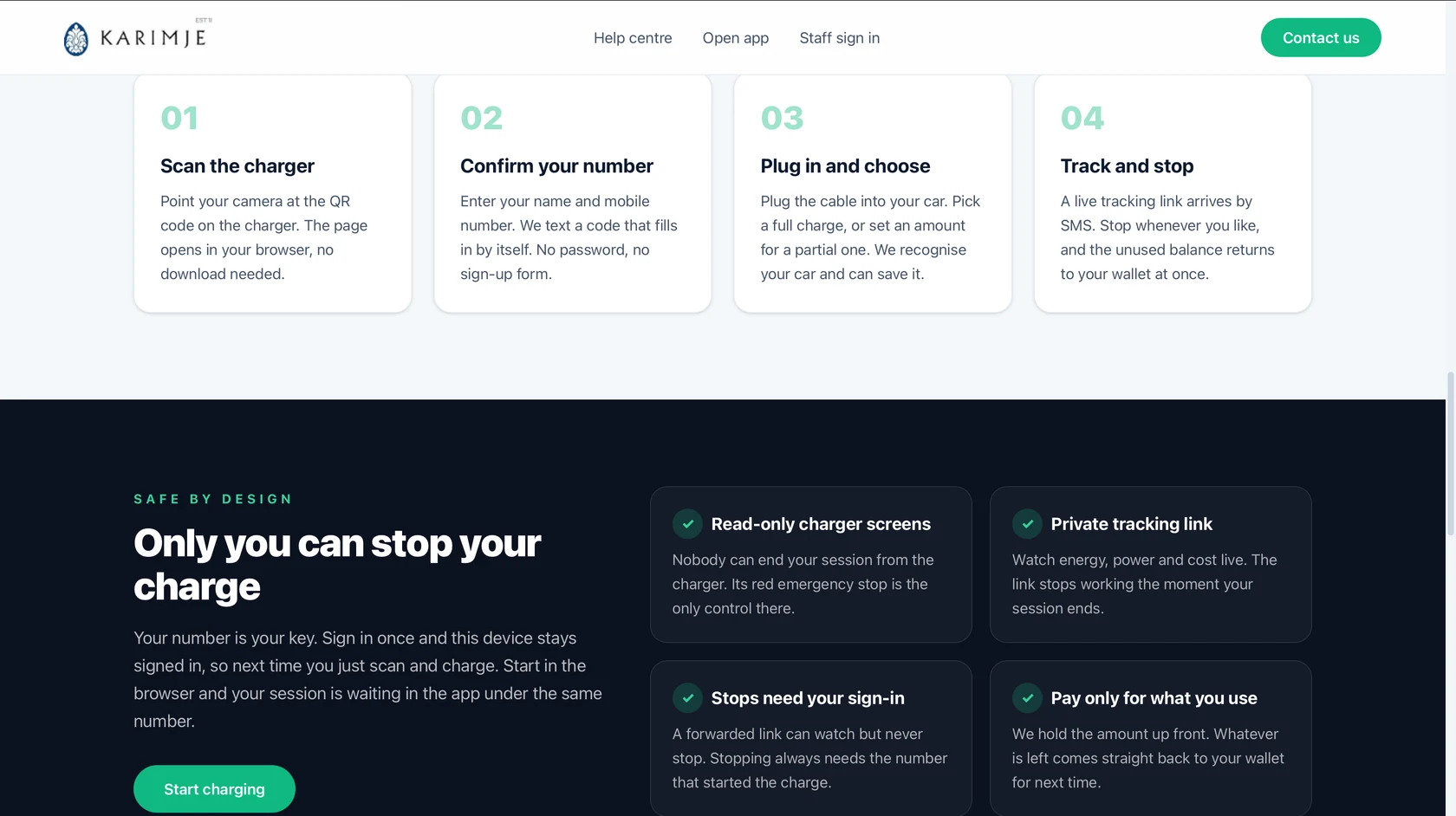 Karimjee website — how charging works, safe by design