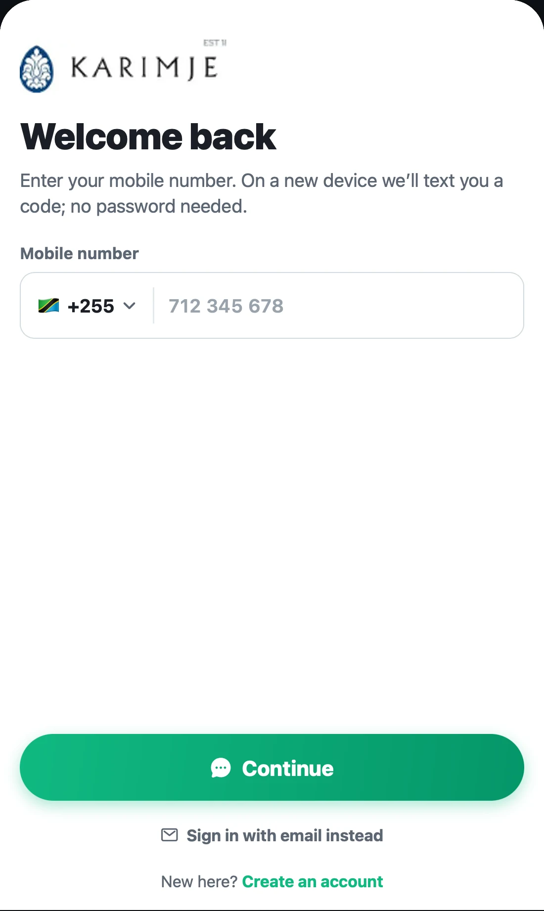 Karimjee mobile — sign in with a mobile number